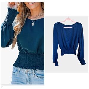 CUPSHE Cobalt Ruffled Smocked Top Long Bishop Sleeves Blouses, Large